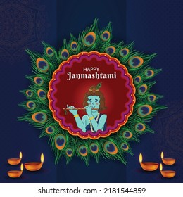 Happy Krishna Janmashtami peacock feathers background with Lord Krishna Playing flute. Blue color Mandala Festival Poster. Greeting card, banner, social media post flat vector illustration promotion