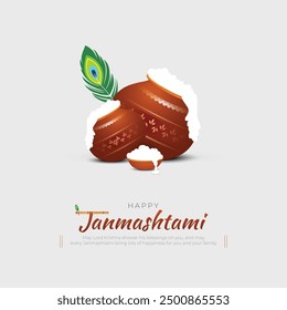 Feliz Krishna Janmashtami Post y tarjeta de felicitación. Celebración del cumpleaños del Señor Krishna y Ilustración vectorial creativa de carteles