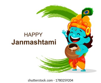 Happy Krishna Janmashtami sale. Cartoon character Lord Krishna. Happy Janmashtami festival of India. Vector illustration on abstract background