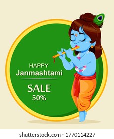 Happy Krishna Janmashtami sale. Lord Krishna playing flute. Happy Janmashtami festival of India. Vector illustration 