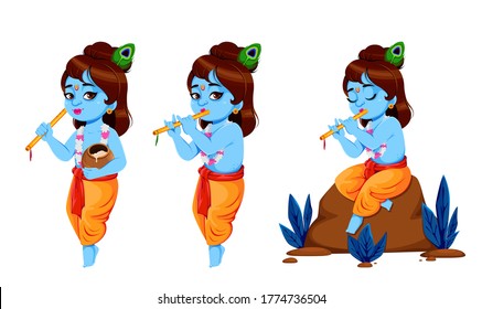 Happy Krishna Janmashtami, set of three poses. Lord Krishna with flute. Happy Janmashtami festival of India. Vector illustration 