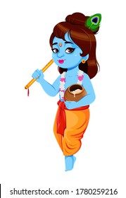 Happy Krishna Janmashtami, set of three poses. Lord Krishna with flute and pot. Happy Janmashtami festival of India. Vector illustration isolated on white background