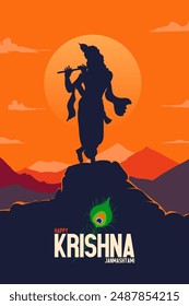 'Happy Krishna Janmashtami' typography with Lord Krishna vector illustration, Drawing, Sketch for social media banner design