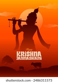 Happy Krishna Janmashtami typography and vector with Lord Krishna vector illustration, silhouette minimal layout, banner, digital post, poster, and card design