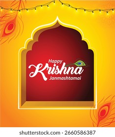 Diseño feliz del Anuncio de la Ilustración vectorial de Krishna Janmashtami, en fondo festivo