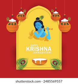 Happy Krishna Janmashtmi greeting card with Krishna flute, dahi handi and peacock feathers