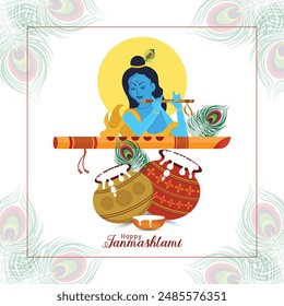 Happy Krishna Janmashtmi greeting card with Krishna flute, dahi handi and peacock feathers