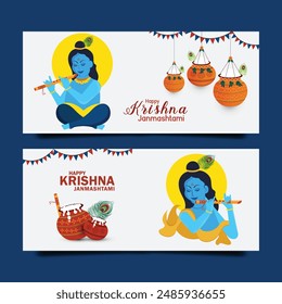 Happy Krishna Janmashtmi Indian festival with Bansuri and Flute, Dahi Handi and Peacock Feather in Flat Cute Cartoon Background