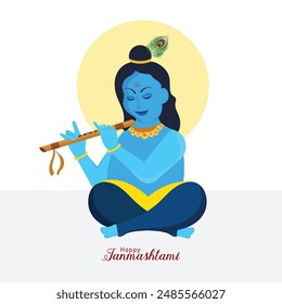 Happy Krishna Janmashtmi Indian lord cartoon character playing flute isolated on white background