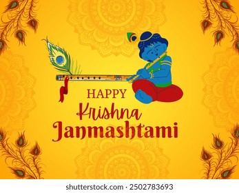 Feliz cartel de Krishna Janmastami con el pequeño Señor Krishna sentado y tocando la flauta en el fondo amarillo degradado. Anuncio Janmastami con fuente roja, flauta y plumas de pavo real.