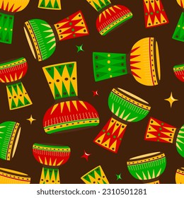 Feliz Kwanza. Patrón vectorial sin foco Con símbolos Kwanzaa tradicionales. Impresión en textiles, papel pintado, cubiertas, superficies. Estilo retro. Para tela de moda. Patrón tribal