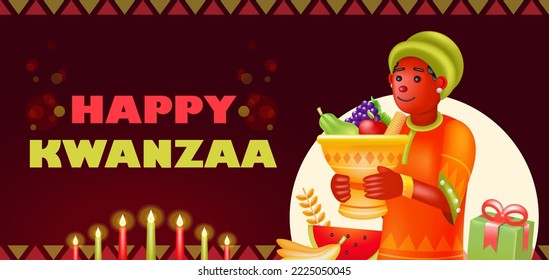 Happy Kwanzaa, 3d illustration of african woman carrying fruit and gifts