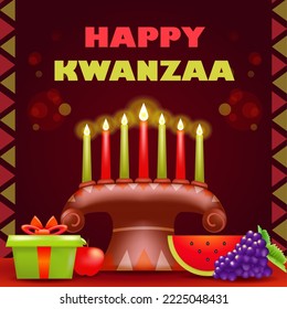 Happy Kwanzaa, 3d illustration of seven traditional color candles with fruits