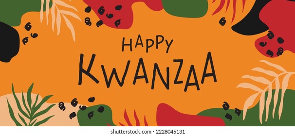 Happy Kwanzaa abstract bright colorful horizontal long banner design with random organic shapes, palm leaves. Vector template for Kwanzaa African American Celebration in USA.