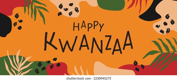 Happy Kwanzaa abstract bright colorful horizontal long banner design with random organic shapes, palm leaves. Vector template for Kwanzaa African American Celebration in USA.act,