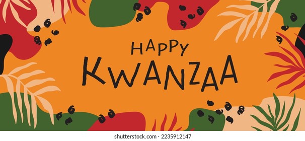 Happy Kwanzaa abstract bright colorful horizontal long banner design with random organic shapes, palm leaves. Vector template for Kwanzaa African American Celebration in USA.act,