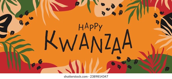 Happy Kwanzaa abstract bright colorful horizontal long banner design with random organic shapes, palm leaves. Vector template for Kwanzaa African American Celebration in USA.act,