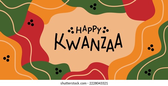 Happy Kwanzaa abstract horizontal long banner design with random bright red yellow green organic shapes, lines border. Vector template for Kwanzaa African American Celebration in USA