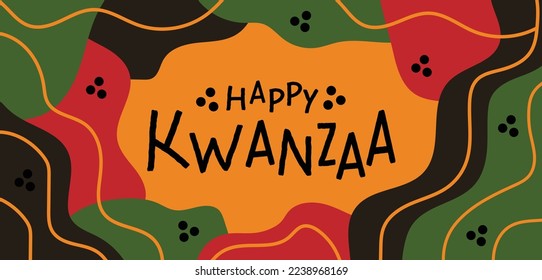 Happy Kwanzaa abstract horizontal long banner design with random bright red black green organic shapes in color of Pan African flag, lines border. Vector template for Kwanzaa African American