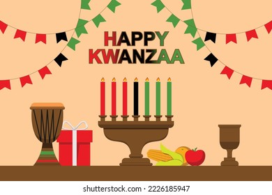 Happy Kwanzaa background. Design with candle and fruits. Vector design illustration.