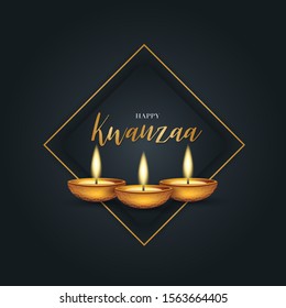 Happy Kwanzaa background design. Traditional holiday concept. Black backdrop, and golden lettering and frame. Vector illustration.