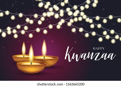 Happy Kwanzaa background design. Traditional holiday concept. Garland, black and pink backdrop, and white lettering. Vector illustration.