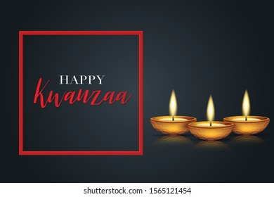 Happy Kwanzaa background design. Traditional holiday concept. Garland, red frame, and golden lettering. Vector illustration.