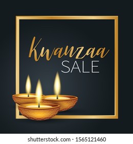 Happy Kwanzaa background design. Traditional holiday concept. Black backdrop, and golden lettering and frame. Vector illustration.