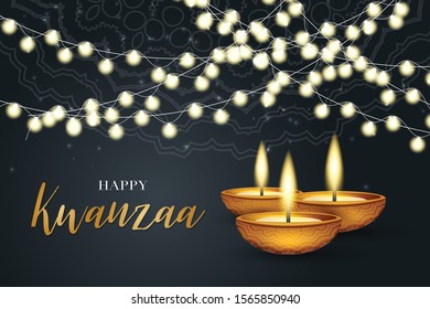 Happy Kwanzaa background design. Traditional holiday concept. Garland, black backdrop, and golden lettering. Vector illustration.