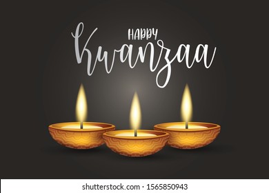 Happy Kwanzaa background design. Traditional holiday concept. Glowing candles, black backdrop, and  lettering. Vector illustration.