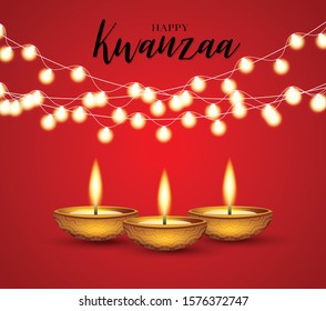 Happy Kwanzaa background design. Traditional holiday concept. Garland, red backdrop, and black lettering. Vector illustration.