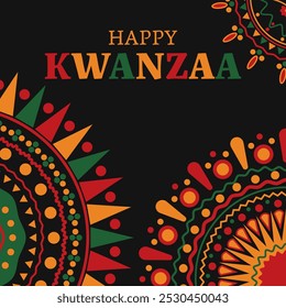 Happy kwanzaa banner with abstract ornament celebrating annual holiday. Vector illustration.