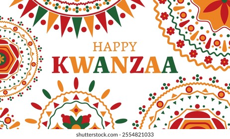 Happy kwanzaa banner with abstract ornament celebrating annual holiday. Vector illustration.