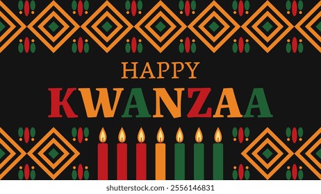 Happy kwanzaa banner with abstract ornament celebrating annual holiday. Vector illustration.