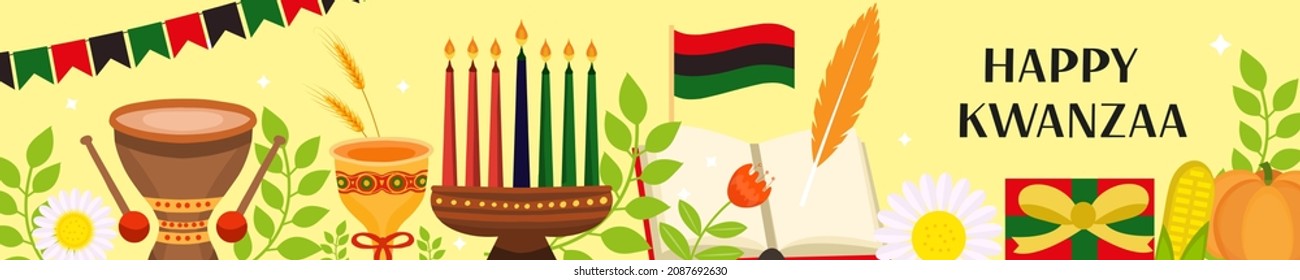 Happy Kwanzaa banner. African American holiday festival template for your design with kinara. Vector illustration.