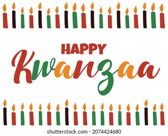 Happy Kwanzaa - banner with candles and cursive calligraphy lettering. African American ethnic heritage cultural holiday. Colorful bright greeting card, social media post.