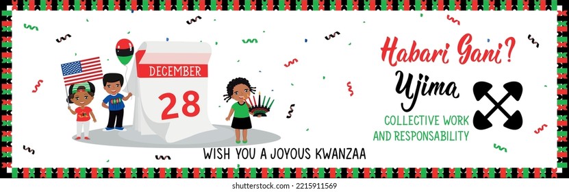 Glücklicher Kwanzaa Banner. Herzlichen Glückwunsch am dritten Tag von Kwanzaa. Fragen in Swahili: Wie geht es dir? Traditionelle Grüße während Kwanzaa. Ujima bedeutet Kollektivarbeit und Verantwortung. 28. Dezember