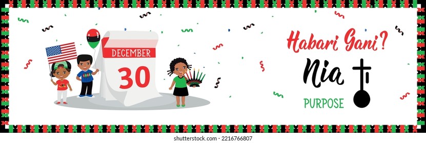 Happy Kwanzaa banner. Congratulations on the fifth day of Kwanzaa. African American holidays. Questions in Swahili: How are you. Traditional greetings during Kwanzaa. Nia means Purpose. December 30.