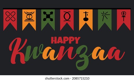 Happy Kwanzaa banner with cute festive flags bunting with seven principles of Kwanzaa symbols icon - African-American celebration in USA. Vector illustration with text lettering in African colors.