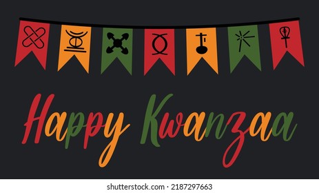 Happy Kwanzaa banner with cute festive flags bunting with seven principles of Kwanzaa symbols icon - African-American celebration in USA. Vector illustration with text lettering in African colors