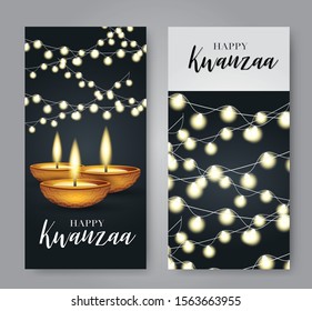 Happy Kwanzaa banner or flyer design. Traditional holiday concept. Black backdrop with glowing lights garland. Vector illustration.