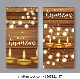 Happy Kwanzaa banner or flyer design. Traditional holiday concept. Wooden backdrop with glowing lights garland. Vector illustration.