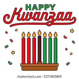 Happy Kwanzaa banner with kinara and seven candles. Line icon and text lettering. Cartoon vector clip art illustration.