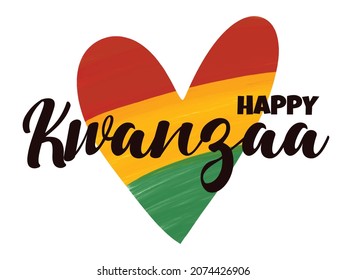 Happy Kwanzaa - banner with lettering and hand drawn with paintbrush artistic grunge textured heart in colors of Pan African flag - red, yellow, green. African American heritage celebration festival