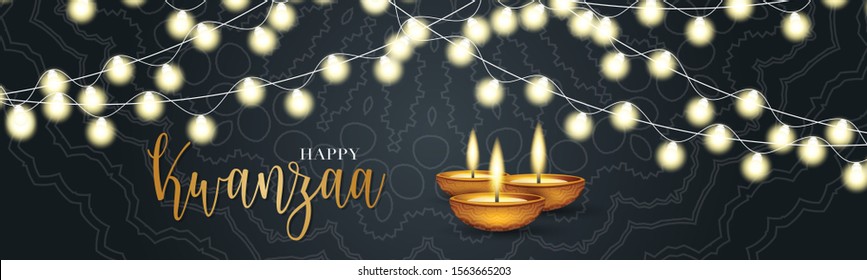 Happy Kwanzaa banner. Website or newsletter header. Traditional holiday design concept with glowing lights garland and candles. Vector illustration.