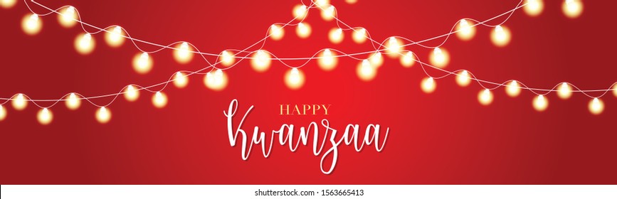 Happy Kwanzaa banner. Website or newsletter header. Traditional holiday design concept with glowing lights garland and lettering. Bright red backdrop. Vector illustration.