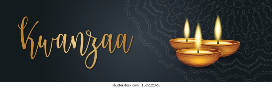 Happy Kwanzaa banner. Website or newsletter header. Traditional holiday design concept with burning candles and golden lettering. Vector illustration.