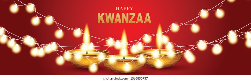 Happy Kwanzaa banner. Website or newsletter header. Traditional holiday design concept with glowing lights garland and candles. Bright red backdrop. Vector illustration.