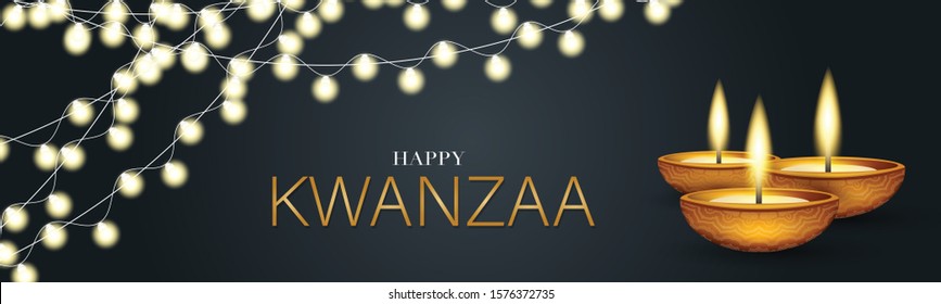 Happy Kwanzaa banner. Website or newsletter header. Traditional holiday design concept with glowing lights garland and candles. Vector illustration.