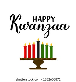 Happy Kwanzaa calligraphy hand lettering isolated on white. African American holiday. Vector template for typography poster, banner, greeting card, postcard, sticker, flyer, etc.